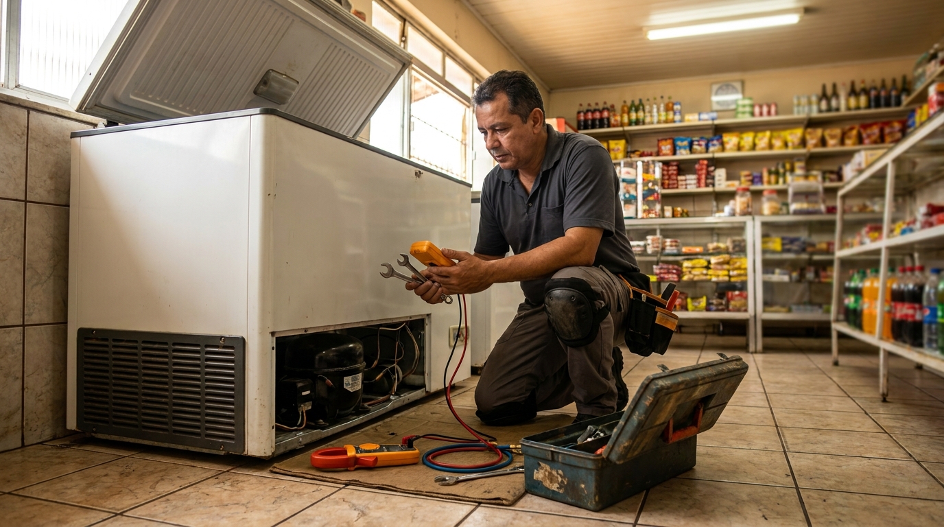 Profissional executando manutenção no motor de freezer em Cotia‑SP