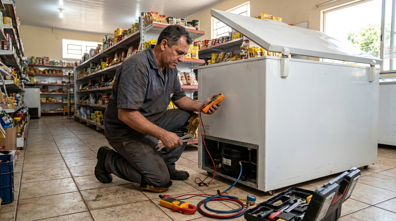 Substituição de termostato de freezer em visita técnica em Cotia‑SP
